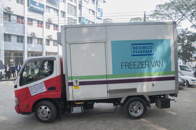 January 31, 2021: The widely circulated vaccine for the Arford-Astrageneca CVID-19 vaccine by the Serum Institute of India has reached Sylhet. The vaccine was brought to the Sylhet Civil Surgeon s Office in a fridge van of Beximco Pharmaceuticals at 12 noon. Vaccination is expected to start from February 8,2021. - ZUMAr143 20210131_zap_r143_014 Copyright: xMdxRafayatxHaquexKhanx