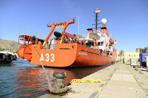 The Oceanographic Research Vessel (BIO) Hespà rides docks in the port of Cartagena, Murcia (Spain), on February 1st, 2021. The Hespà rides set sail on January 28th from the Arsenal of Las Palmas to begin the transit back to its home port, in Cartagena. The Hespà rides has been in Las Palmas for 24 days and arrived in Cartagena a month after setting sail on 30 December. The Institute of Preventive Medicine of Defence (IMPDEF) has closed the outbreak of coronavirus detected on the ship after obtaining negative results from the last remaining members of the crew to overcome the disease. One of them remains in the Negrin Hospital in Las Palmas. 01 FEBRUARY 2021;HESPERIDES;CARTAGENA;MURCIA;COVID LagenciaEP 02 01 2021 Cartagena, (Murcia) Copyright: xLagenciaEPx 3543257