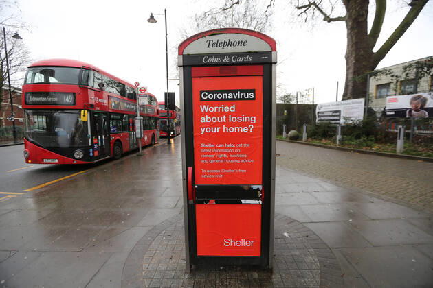 February 2, 2021, London, England, United Kingdom: A sign by a homeless charity on a phone booth In Tottenham. The north London neighbourhood is among the seven areas in the country the UK government started Ã¢â‚¬oesurge testingÃ¢â‚¬Â to find and isolate covid-19 cases caused by South African variant of the coronavirus. London United Kingdom - ZUMAs262 20210202_zip_s262_008 Copyright: xTayfunxSalcix