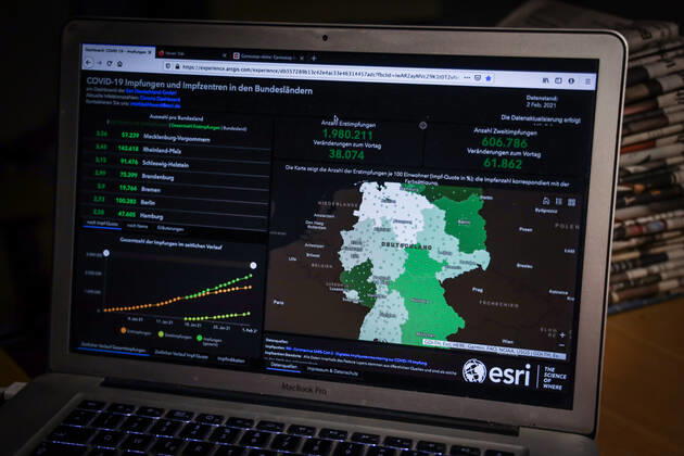 Coronavirus in Deutschland - COVID-19 Impfungen -Dashboard 02.02.2021: Esri Deutschland GmbH auf Basis des Digitalen Impfquotenmonitoring zur COVID-19-Impfung des RKI - Anzahl Erstimpfungen: 1.980.211 Veränderungen zum Vortag: 38.074 Anzahl Zweitimpfungen: 606.786 Veränderungen zum Vortag: 61.862 Datenstand vom 02.02.2021.