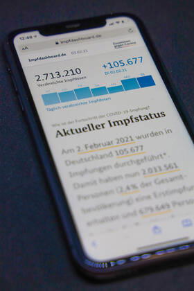 Impfdashboard des Bundesministerium für Gesundheit - Aktueller Impfstatus DEU, Deutschland, Berlin, 03.02.2021: Impfdashboard.de Stand: 03. Februar 2021, 12:00 Uhr, angezeigt auf einem iPhone. Fortschritt der COVIDâ -â 19â -â Impfung.