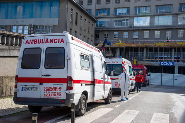 Lissabon, Portugal 3.02.2021 zum Thema Corona-Lockdown in Lissabon v.l., Krankenwagen warten am Eingang Hospital Santa Maria (Krankenhaus ) in Lissabon, Empfang COVID-19 Foto: Joaquim Ferreira Copyright: JoaquimxFerreira