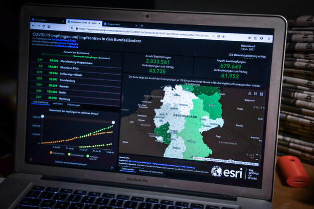 Coronavirus in Deutschland - COVID-19 Impfungen -Dashboard 03.02.2021: Esri Deutschland GmbH auf Basis des Digitalen Impfquotenmonitoring zur COVID-19-Impfung des RKI - Anzahl Erstimpfungen: 2.033.561 Veränderungen zum Vortag: 43.725 Anzahl Zweitimpfungen: 679.649 Veränderungen zum Vortag: 61.952 Datenstand vom 03.02.2021.
