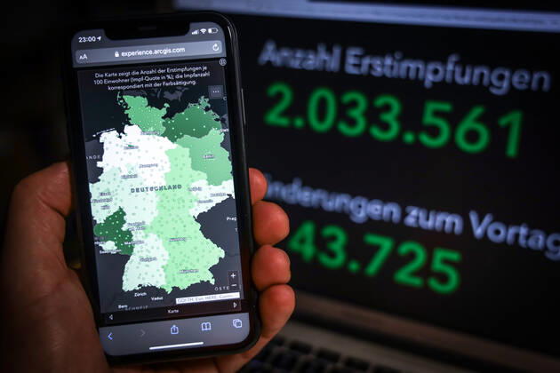Coronavirus in Deutschland - COVID-19 Impfungen -Dashboard 03.02.2021: Esri Deutschland GmbH auf Basis des Digitalen Impfquotenmonitoring zur COVID-19-Impfung des RKI - Anzahl Erstimpfungen: 2.033.561 Veränderungen zum Vortag: 43.725 Anzahl Zweitimpfungen: 679.649 Veränderungen zum Vortag: 61.952 Datenstand vom 03.02.2021.
