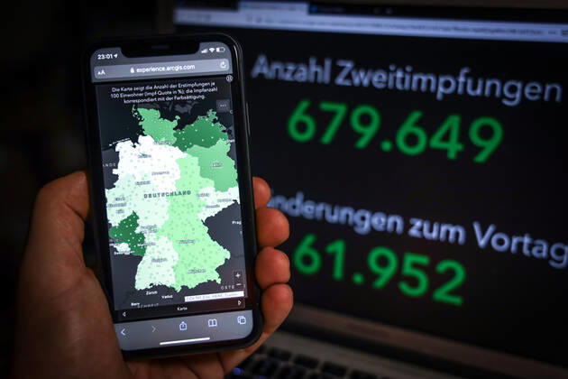 Coronavirus in Deutschland - COVID-19 Impfungen -Dashboard 03.02.2021: Esri Deutschland GmbH auf Basis des Digitalen Impfquotenmonitoring zur COVID-19-Impfung des RKI - Anzahl Erstimpfungen: 2.033.561 Veränderungen zum Vortag: 43.725 Anzahl Zweitimpfungen: 679.649 Veränderungen zum Vortag: 61.952 Datenstand vom 03.02.2021.