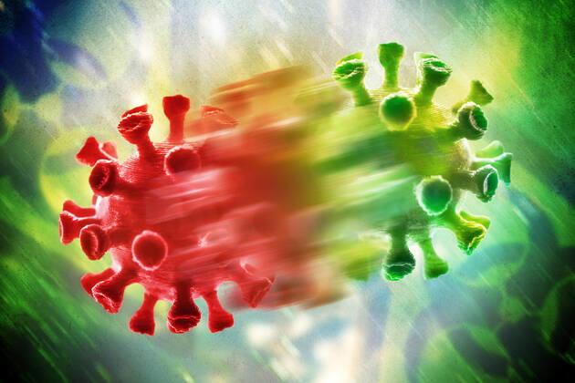 FOTOMONTAGE, Mutierender Coronavirus, Symbolfoto Virus-Mutation