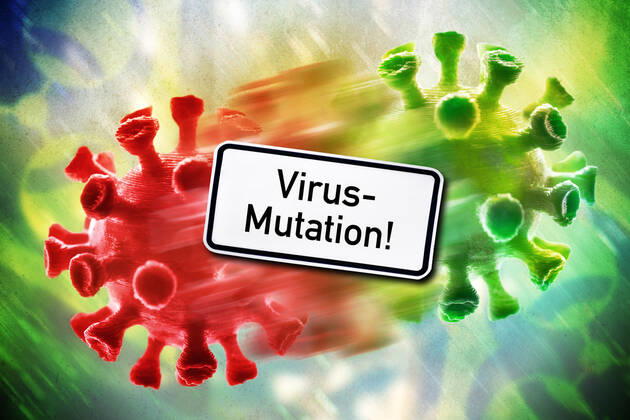 FOTOMONTAGE, Mutierender Coronavirus, Symbolfoto Virus-Mutation