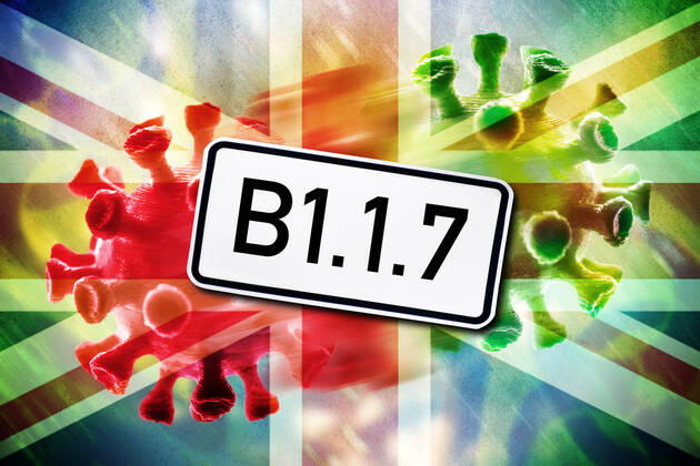 FOTOMONTAGE, Mutierender Coronavirus, britische Variante B1.1.7