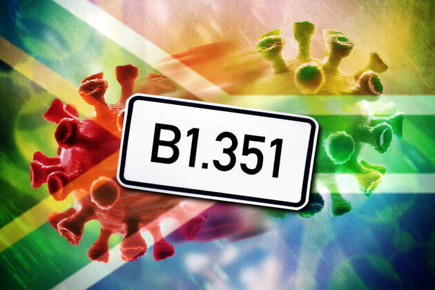 FOTOMONTAGE, Mutierender Coronavirus, Symbolfoto sÃ¼dafrikanische Variante B1.351