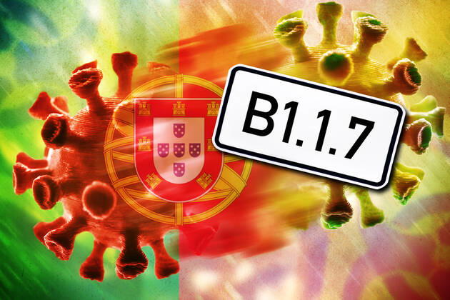 FOTOMONTAGE, Mutierender Coronavirus, Symbolfoto portugiesische Mutation