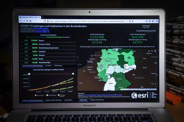 Coronavirus in Deutschland - COVID-19 Impfungen -Dashboard 05.02.2021: Esri Deutschland GmbH auf Basis des Digitalen Impfquotenmonitoring zur COVID-19-Impfung des RKI - Anzahl Erstimpfungen: 2.153.000 Veränderungen zum Vortag: 51.518 Anzahl Zweitimpfungen: 834.398 Veränderungen zum Vortag: 65.070 Datenstand vom 05.02.2021.