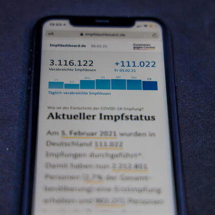 Impfdashboard des Bundesministerium für Gesundheit - Aktueller Impfstatus DEU, Deutschland, Berlin, 06.02.2021: Impfdashboard.de Stand: 06. Februar 2021, 10:15 Uhr, angezeigt auf einem iPhone. Fortschritt der COVIDâ -â 19â -â Impfung.