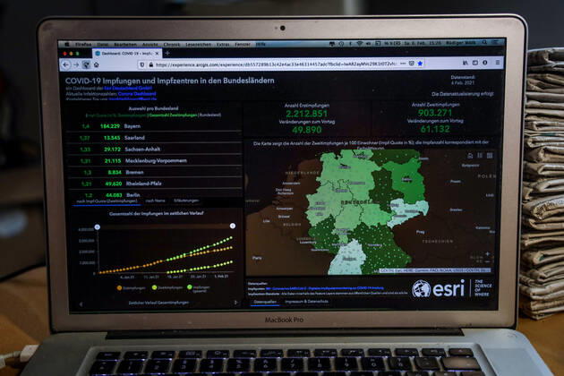 Coronavirus in Deutschland - COVID-19 Impfungen -Dashboard 06.02.2021: Esri Deutschland GmbH auf Basis des Digitalen Impfquotenmonitoring zur COVID-19-Impfung des RKI - Anzahl Erstimpfungen: 2.212.851 Veränderungen zum Vortag: 49.890 Anzahl Zweitimpfungen: 903.271 Veränderungen zum Vortag: 61.132 Datenstand vom 06.02.2021.