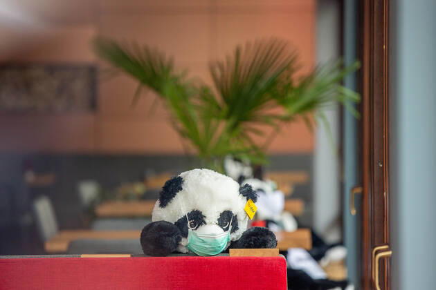Reutlingen Themenbilder: Reutlingen in Zeit der Corona-Pandemie, 06.02.2021, Themenbilder: Reutlingen in Zeit der Corona-Pandemie, Alexandre Reutlingen, Gastronomie geschlossen, Panda mit Mundschutz, 06.02.2021, Copyright: xEIBNER DROFITSCHx EP_ddh
