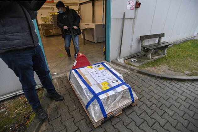 The first delivery of the vaccine against coronavirus from the AstraZeneca firm arrived in the dispatching centre of the Avenier company in Ricany near Prague, Czech Republic, on Saturday morning, February 6, 2021. (CTKxPhoto MichalxKamaryt) CTKPhotoP202102060166801  kmt 2