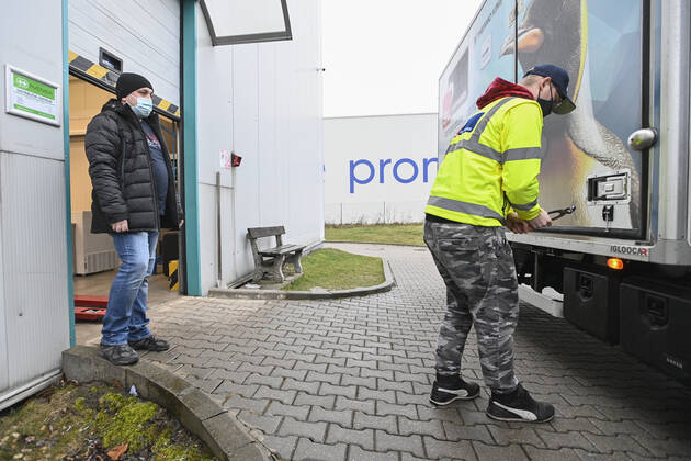The first delivery of the vaccine against coronavirus from the AstraZeneca firm arrived in the dispatching centre of the Avenier company in Ricany near Prague, Czech Republic, on Saturday morning, February 6, 2021. (CTKxPhoto MichalxKamaryt) CTKPhotoP202102060173601  kmt 8