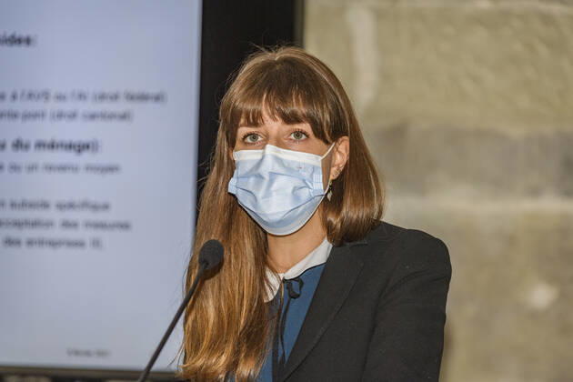 Switzerland: Press conference on health insurance and COVID-19 effect Lausanne Switzerland - 2021 02 08: State Councilor Rebecca Ruiz (Head of the Department of Health and Social Action) explained the introduction of a specific subsidy to supplement an existing subsidy concerning health insurance and the income of the various households concerned. Lausanne Cantonal castle Switzerland Copyright: EricxDubost