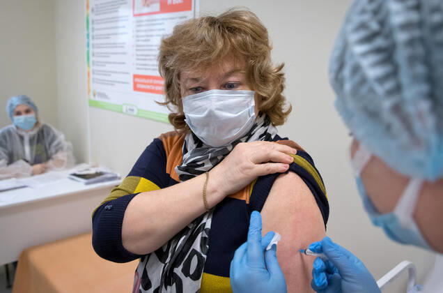 SEVASTOPOL, RUSSIA - FEBRUARY 8, 2021: A patient during vaccination with the Gam-COVID-Vak (Sputnik V) vaccine against COVID-19 at Dasha Sevastopolskaya Hospital No 5. Sergei Malgavko TASS  TS0F642A