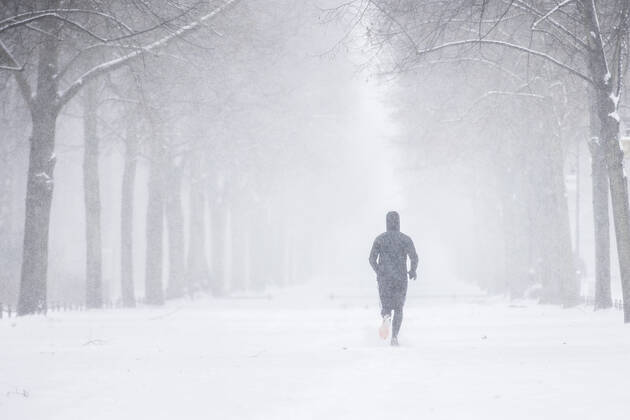 IMAGO Creative: Alternativer Wintersport Ein Jogger im Tiergarten, aufgenommen waehrend starken Schneefalls in Berlin, 08.02.2021. In der nordlichen Haelfte Deutschlands gibt es teils unwetterartige Schneefaelle und zweistellige Minusgrade. Berlin Deutschland
