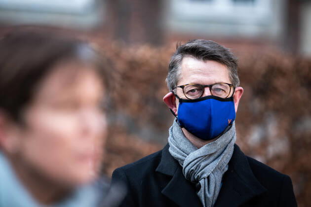 Torsten Schack Pedersen (V) under dagens pressemoede. Erhvervsminister Simon Kollerup (S) praesenterer en ny politisk aftale om yderligere forbedringer af hjaelpepakker i Erhvervsministeriet, tirsdag den 9. februar 2021.. , Copenhagen Denmark Copyright: RitzauxScanpix EmilxHelmsx cop108 spdk20210209-120804-L