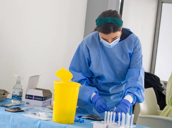 February 9, 2021, Nicosia, Cyprus: A medical worker wearing a personal protective equipment suit ( PPE) prepares swab samples at a Covid-19 testing center..The government of Cyprus is now providing free Covid-19 testing for all of it s residence. Nicosia Cyprus - ZUMAs197 20210209_zaa_s197_057 Copyright: xGeorgexChristophoroux