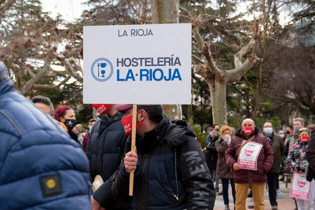 The president of the Rioja hotel and catering sector of the FER, Francisco Martinez-BergÃ s, participates in a protest in front of the Government Delegation of La Rioja to demand aid for the hotel and catering sector and denounce the situation that its workers are going through due to the pandemic, in Logrono, La Rioja (Spain), 9 February 2021. The hospitality sector, almost a year after the beginning of the pandemic, denounces that it continues to pay the broken dishes , due to the lack of direct aid and the criminalization of the sector. The concentration has been held simultaneously in the main Spanish provinces to represent the serious situation that continues to live the hospitality sector. 9 FEBRUARY 2021;HOTEL AND CATERING INDUSTR Copyright: xAlbertoxRuizx 3554413