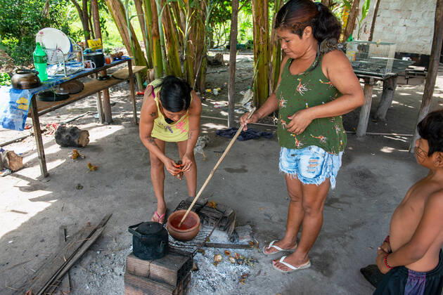 COVID-19 vaccination indigenous, Rio de Janeiro, Brazil - 10 Feb 2021 Woman Guarani Mbya, indigenous people who live in the village of Mata Verde Bonita, in the city of Marica, metropolitan region of Rio de Janeiro, preparing paint for body painting to celebrate Covid vaccination in ritual dance of thanks to NHANDERU , the GuaraniÂ s supreme God on February 10, 2021. Rio de Janeiro Brazil 6058_230231 Copyright: xChicoxFerreira PentaxPressx