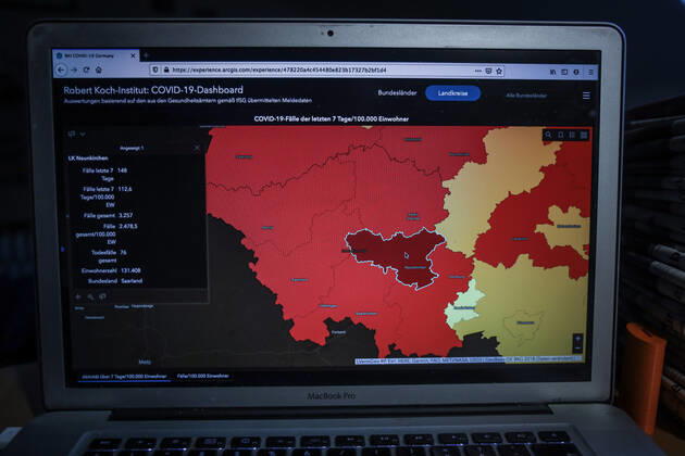 Coronavirus in Deutschland - Covid-19-Dashboard des Robert Koch-Institut DEU, Deutschland, Saarland, 11.02.2021: Die 7-Tage-Inzidenz (Fälle letzte 7 Tage 100.000 EW) für das gesamte Bundesland beträgt 84,5