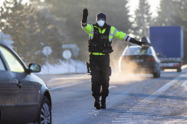 As of midnight, the Czech government restricted movement from Trutnov, Cheb and Sokolov districts and to them because of the fast spread of the COVID-19 infection. Pictured police control on the I 37 road near Kuks, Czech Republic, February 12, 2021. (CTKxPhoto DavidxTanecek) CTKPhotoP202102120261001  TAD 001