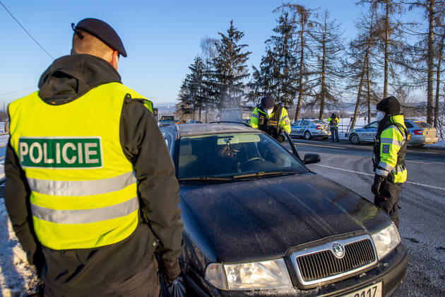 As of midnight, the Czech government restricted movement from Trutnov, Cheb and Sokolov districts and to them because of the fast spread of the COVID-19 infection. Pictured police control on the I 37 road near Kuks, Czech Republic, February 12, 2021. (CTKxPhoto DavidxTanecek) CTKPhotoP202102120274001  TAD 006
