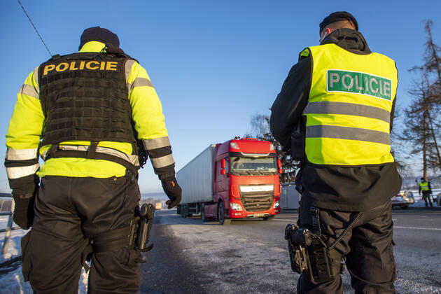 As of midnight, the Czech government restricted movement from Trutnov, Cheb and Sokolov districts and to them because of the fast spread of the COVID-19 infection. Pictured police control on the I 37 road near Kuks, Czech Republic, February 12, 2021. (CTKxPhoto DavidxTanecek) CTKPhotoP202102120274201  TAD 007