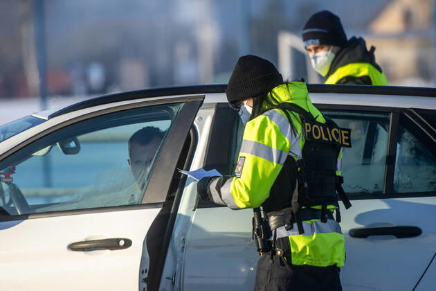 As of midnight, the Czech government restricted movement from Trutnov, Cheb and Sokolov districts and to them because of the fast spread of the COVID-19 infection. Pictured police control on the I 37 road near Kuks, Czech Republic, February 12, 2021. (CTKxPhoto DavidxTanecek) CTKPhotoP202102120316701  TAD 014