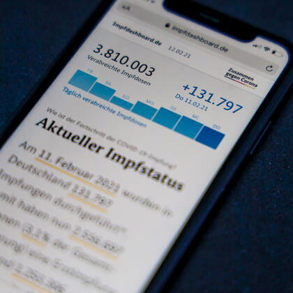 Impfdashboard des Bundesministerium für Gesundheit - Aktueller Impfstatus DEU, Deutschland, Berlin, 12.02.2021: Impfdashboard.de Stand: 12. Februar 2021, 11:45 Uhr, angezeigt auf einem iPhone. Fortschritt der COVIDâ -â 19â -â Impfung.