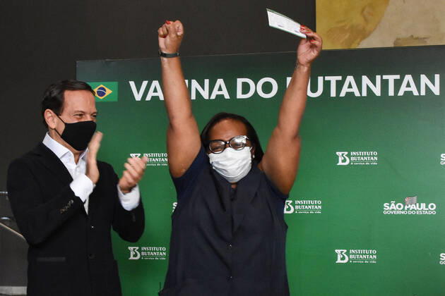 SÃO PAULO, SP - 12.02.2021: COLETIVA DE IMPRENSA JOÃO DORIA COVID19 - João Doria, (PSDB) Governor of São Paulo, participates in a press conference to talk about the fight against Coronavirus, (Covid-19) at the Palácio dos Bandeirantes, this Friday (12). During the press conference, nurse Mônica Calazans, 54, who was the first person to be vaccinated against Covid-19 (Coronavirus) in Brazil, and who works on the front line to fight the coronavirus, received the second dose of the Coronavac vaccine. x2031661x RobertoxCasimiro