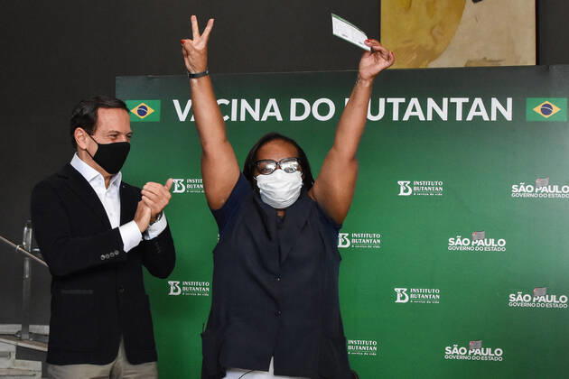 SÃO PAULO, SP - 12.02.2021: COLETIVA DE IMPRENSA JOÃO DORIA COVID19 - João Doria, (PSDB) Governor of São Paulo, participates in a press conference to talk about the fight against Coronavirus, (Covid-19) at the Palácio dos Bandeirantes, this Friday (12). During the press conference, nurse Mônica Calazans, 54, who was the first person to be vaccinated against Covid-19 (Coronavirus) in Brazil, and who works on the front line to fight the coronavirus, received the second dose of the Coronavac vaccine. x2031662x RobertoxCasimiro