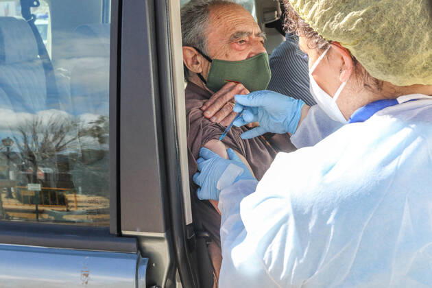 February 12, 2021: February 12, 2021 (Ronda,Malaga) The Andalusian Health Service (SAS) has started this Friday in Ronda the massive vaccination against the coronavirus in over 80 years. Those with mobility problems with the first dose of Pfizer vaccine are being given the dose in vehicles to the population over the age of 80. - ZUMAc161 20210212_zap_c161_024 Copyright: xLorenzoxCarnerox