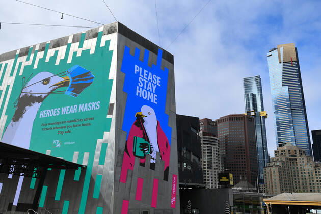 VICTORIA CORONAVIRUS COVID19, Covid-19 related signage is seen at Federation Square in Melbourne, Saturday, February 13, 2021. Victoria has entered a short, sharp circuit-breaker lockdown for five days amid fears the highly infectious UK strain of coronavirus has spread in the community. ( NO ARCHIVING, EDITORIAL USE ONLY, NO USE IN BOOKS WITHOUT CONSENT MELBOURNE VIC AUSTRALIA  Copyright: xERIKxANDERSONx 20210213001520219534