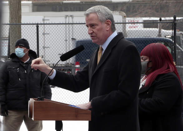 BROOKLYN, NY - FEBRUARY 12: New York City Mayor Bill De Blasio, hold a press conference to announce new covid-19 vaccine plan for homebound NYCHA seniors using the Johnson & Johnson vaccine. Press conference held at the Nostrand Houses in Brooklyn, New York City on February 12, 2021. Copyright: xmpi43 MediaPunchx
