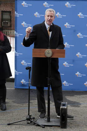 BROOKLYN, NY - FEBRUARY 12: New York City Mayor Bill De Blasio, hold a press conference to announce new covid-19 vaccine plan for homebound NYCHA seniors using the Johnson & Johnson vaccine. Press conference held at the Nostrand Houses in Brooklyn, New York City on February 12, 2021. Copyright: xmpi43 MediaPunchx
