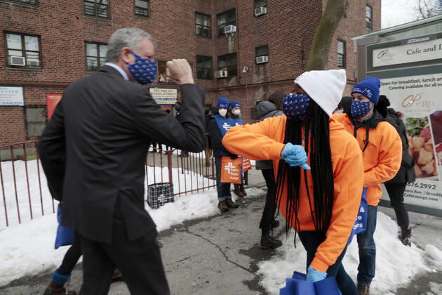 BROOKLYN, NY - FEBRUARY 12: New York City Mayor Bill De Blasio, hold a press conference to announce new covid-19 vaccine plan for homebound NYCHA seniors using the Johnson & Johnson vaccine. Press conference held at the Nostrand Houses in Brooklyn, New York City on February 12, 2021. Copyright: xmpi43 MediaPunchx