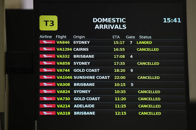 VICTORIA CORONAVIRUS COVID19, Cancelled flights are seen on the domestic arrivals board at Melbourne Airport in Melbourne, Saturday, February 13, 2021. Victoria has entered a short, sharp circuit-breaker lockdown for five days amid fears the highly infectious UK strain of coronavirus has spread in the community. ( NO ARCHIVING, EDITORIAL USE ONLY, NO USE IN BOOKS WITHOUT CONSENT MELBOURNE VIC AUSTRALIA  Copyright: xERIKxANDERSONx 20210213001520257387