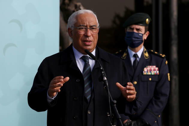 February 13, 2021, Lisbon, Portugal: Portuguese Prime Minister Antonio Costa speaks to journalists on the first day of the security forces inoculation against COVID-19 at the Conde de Lippe military barracks in Lisbon, Portugal, on February 13, 2021. Lisbon Portugal - ZUMAf123 20210213_zap_f123_012 Copyright: xPedroxFiuzax