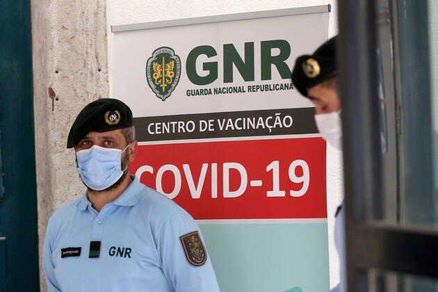February 13, 2021, Lisbon, Portugal: National Republican Guard officers wait to receive a first dose of the AstraZeneca Covid-19 vaccine on the first day of the security forces inoculation at the Conde de Lippe military barracks in Lisbon, Portugal, on February 13, 2021. Lisbon Portugal - ZUMAf123 20210213_zap_f123_007 Copyright: xPedroxFiuzax