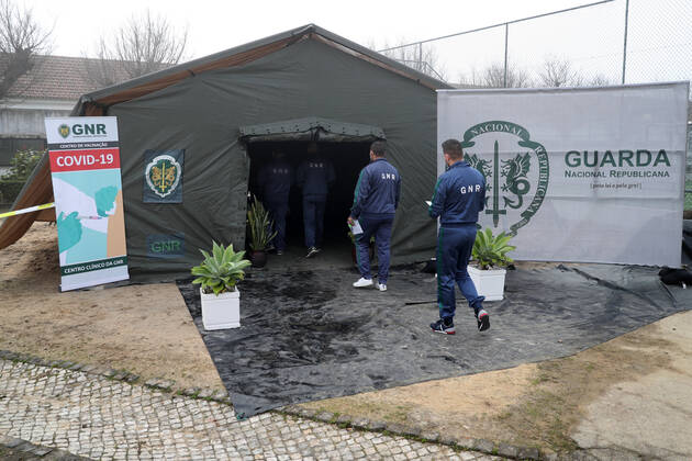 February 13, 2021, Lisbon, Portugal: National Republican Guard officers arrive to receive a first dose of the AstraZeneca Covid-19 vaccine on the first day of the security forces inoculation at the Conde de Lippe military barracks in Lisbon, Portugal, on February 13, 2021. Lisbon Portugal - ZUMAf123 20210213_zap_f123_008 Copyright: xPedroxFiuzax