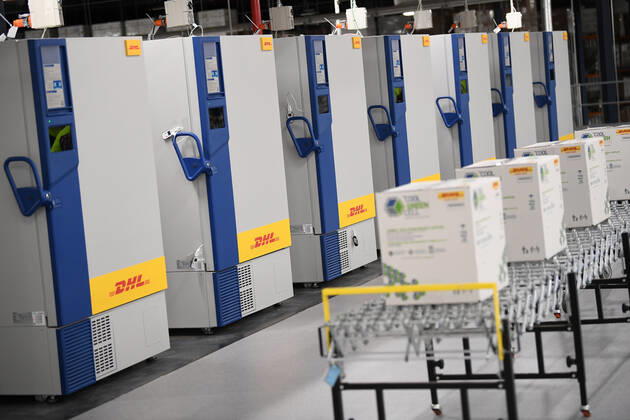 MICHAEL MCCORMACK SYDNEY VISIT, Packaging and fridges used to store Covid-19 vaccine at a DHL facility in Sydney, Sunday, February 14, 2021. ( NO ARCHIVING, EDITORIAL USE ONLY, NO USE IN BOOKS WITHOUT CONSENT SYDNEY NSW AUSTRALIA  Copyright: xJOELxCARRETTx 20210214001520475816