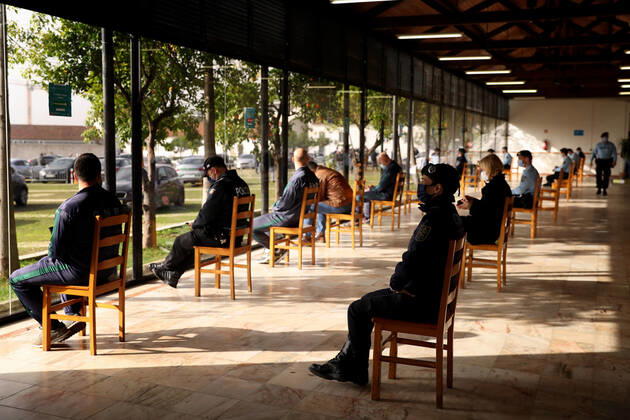 (210213) -- LISBON, Feb. 13, 2021 -- Members of the Republican National Guard and police officers wait after receiving the COVID-19 vaccine in Lisbon, Portugal, on Feb. 13, 2021. Portugal started vaccinating the country s security forces on Saturday, with around 20,000 people scheduled to be immunized over the next three weeks. (Photo by Xinhua) PORTUGAL-LISBON-COVID-19-SECURITY FORCES-VACCINATION PedroxFiuza 