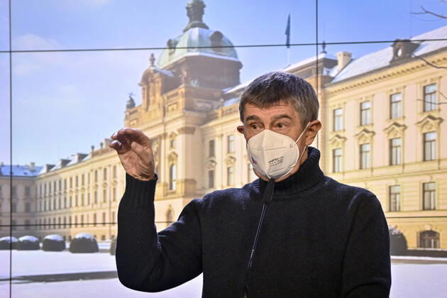 Czech Prime Minister Andrej Babis speaks during a press conference after government talks with governors on COVID-19 measures and prolongation of state of emergency, on February 14, 2021, in Prague, Czech Republic. (CTKxPhoto VitxSimanek) CTKPhotoP202102140693201  VIS 006