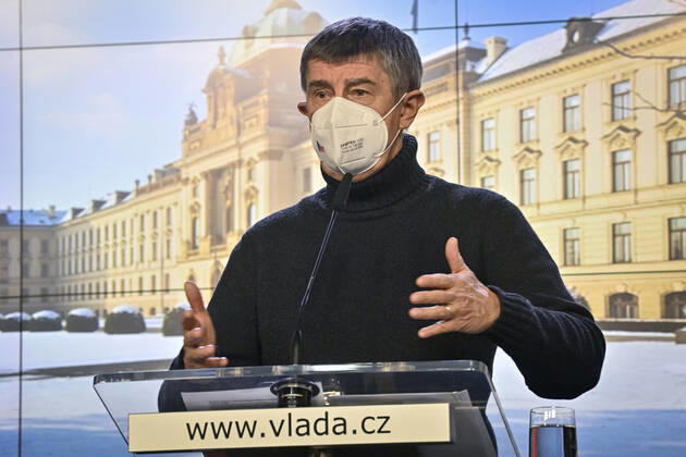 Czech Prime Minister Andrej Babis speaks during a press conference after government talks with governors on COVID-19 measures and prolongation of state of emergency, on February 14, 2021, in Prague, Czech Republic. (CTKxPhoto VitxSimanek) CTKPhotoP202102140698301  VIS 007