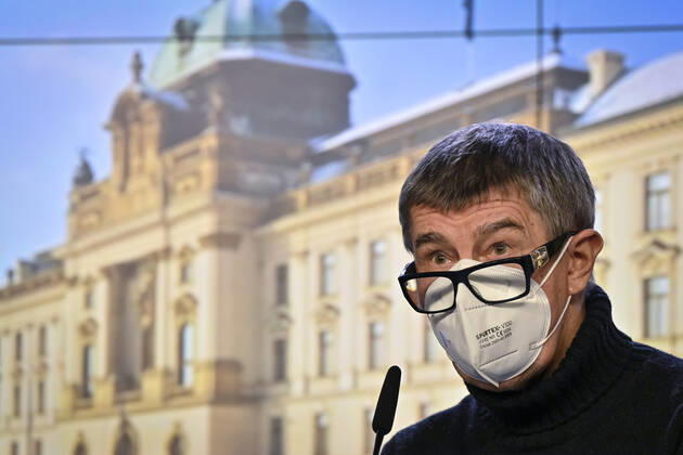 Czech Prime Minister Andrej Babis speaks during a press conference after government talks with governors on COVID-19 measures and prolongation of state of emergency, on February 14, 2021, in Prague, Czech Republic. (CTKxPhoto VitxSimanek) CTKPhotoP202102140703301  VIS 009 K