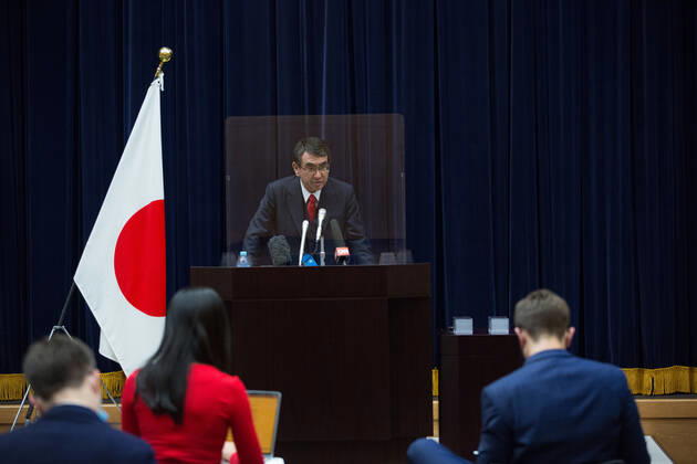 February 16, 2021, Tokyo, Japan: Administrative and regulatory reform minister Taro Kono informs the media on Covid-19 vaccination plan during a press conference. Tokyo Japan - ZUMAs197 20210216_zaa_s197_030 Copyright: xStanislavxKogikux
